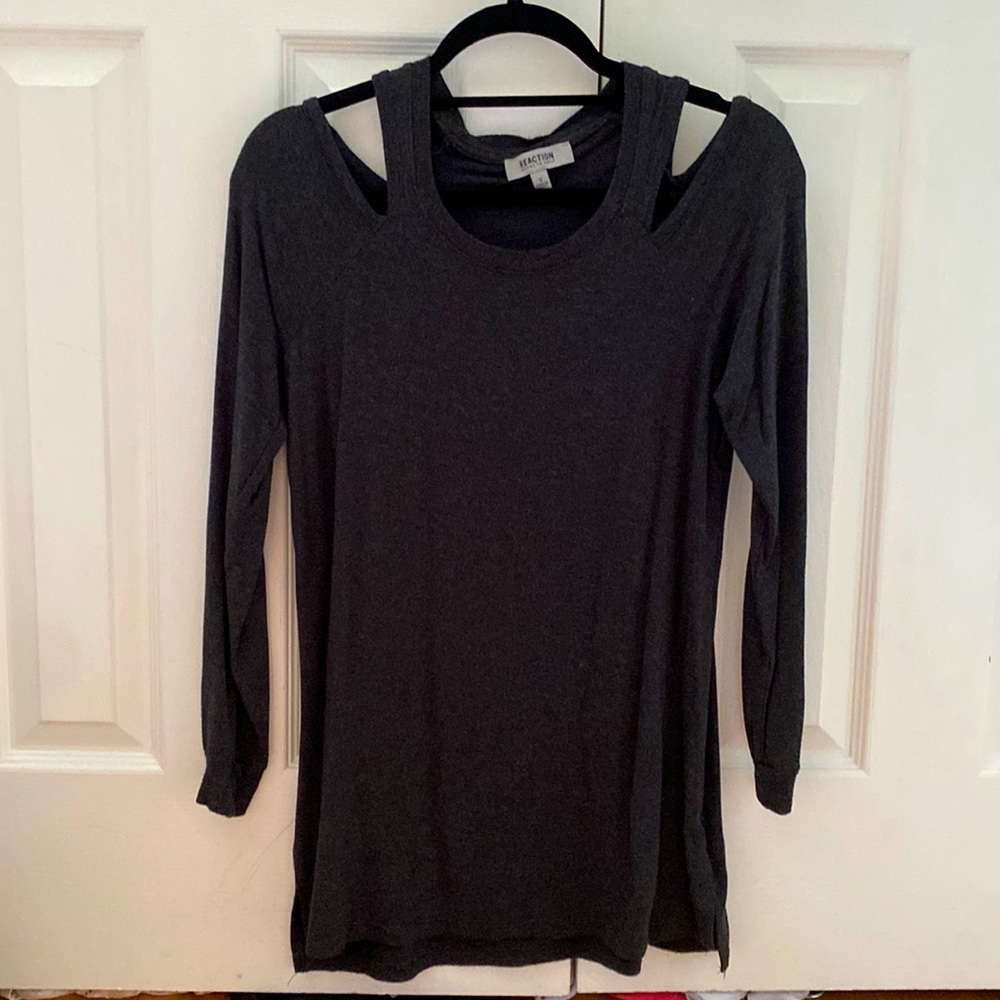 long dark gray top with cold shoulder